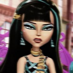 an animated image of a woman with long black hair and blue eyeshades wearing earrings