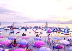 there are many umbrellas on the beach with people standing around in the water behind them