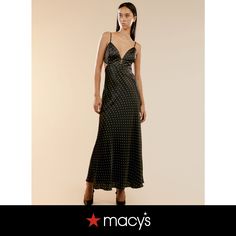 in stock Chic Polka Dot Maxi Dress For Evening, Black Maxi Dress For Summer Nights, Black Summer Maxi Dress For Night, Chic Maxi Length Night Dress, Chic Maxi Dresses For Night, Chic Night Maxi Dress, Black Midi Dress For Spring Night, Black V-neck Maxi Dress For Night, Slip Maxi Dress