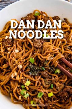 the cover of dan dan noodles with chopsticks in it and text overlay