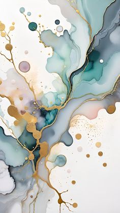 an abstract painting with gold and blue colors