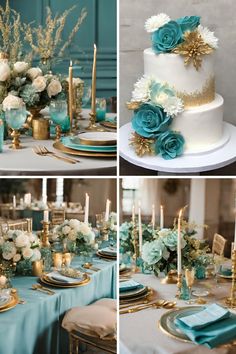 the table is set with blue and white flowers, gold candles, and green napkins