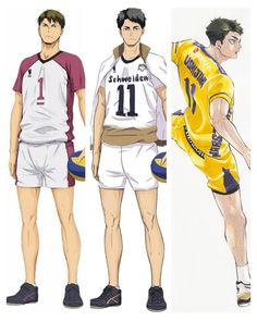 three men standing next to each other in different uniforms and shoes, one wearing a basketball uniform