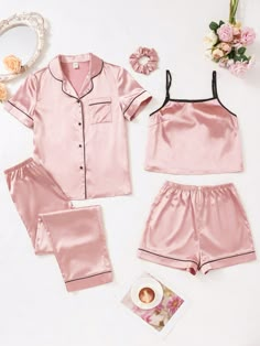 Rosa  Collar     Embellished No-Elástico Pajamas Teen, Cute Pijamas, Emotion Quotes, Silk Pajamas Shorts, Pajamas Short, Girl Pajamas, Pink Plain, Clothing Design Sketches