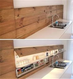 two pictures of the same kitchen sink and counter top, one is made out of wood