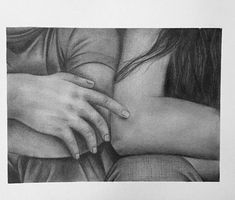 a pencil drawing of two hands touching each other's chest and holding the arm of another hand