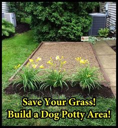 an image of a yard with flowers and plants on it, the text says save your grass build a dog potty area top 20 brilliant diy backyard projects and tips for your pets