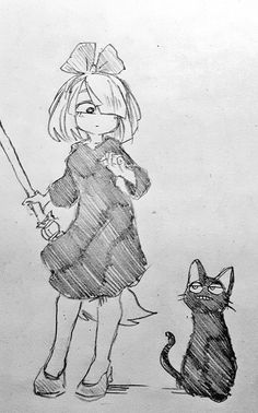 a drawing of a girl holding a bat next to a cat