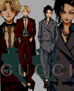 three men in suits and ties standing next to each other with the words gucci on them