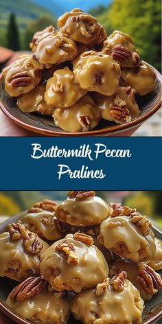 two plates filled with pecan pralies on top of each other