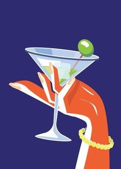 a woman's hand holding a martini glass with an olive on it