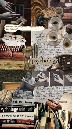 collage of images with coffee cups, books and other things in them on display