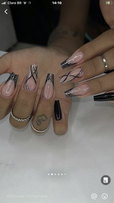 Silver And Black Nail Ideas, Masquerade Ball Nail Ideas, Black Nail Art Designs Unique, Pointy Nail Ideas, Black And White Nail Designs Elegant, Black And Gray Nail Designs, Black Ballerina Nails, Acrylic Ballerina Nails, Black White And Silver Nails