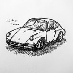 a drawing of a car in black and white