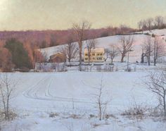 a painting of a snow covered field with trees in the foreground and a yellow house on top