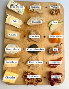 a wooden cutting board topped with different types of cheese