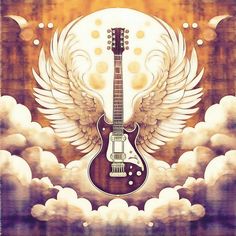 an electric guitar with wings flying through the sky