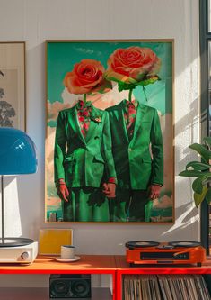 there is a painting on the wall with two men in green suits and red roses