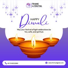 happy diwali festival poster with three lit candles in front of a purple background