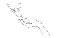 a single line drawing of a hand holding a butterfly