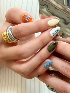 Gel nails with tin fish, olives, and lemons! #summer #nails #summernails #aesthetic #jewelry #ringsjewelry Tin Fish Nails, Zoifishh Nails, Summer Nails 2022 Color Trends, Nails Short Summer, Nails Simple Summer, 2022 Color Trends, Summer Nails Simple, Summer Nails Short