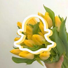 a hand holding a bouquet of yellow tulips in front of a white wall