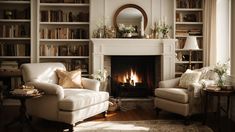 a living room filled with furniture and a fire place in the middle of bookshelves