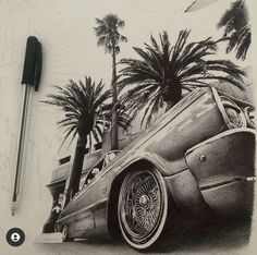 a drawing of a car with palm trees in the background and a pen next to it