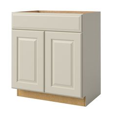 a white cabinet with two doors on the front and one door open to reveal an unfinished drawer