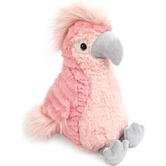 a pink and gray stuffed bird sitting on top of a white floor next to it's legs