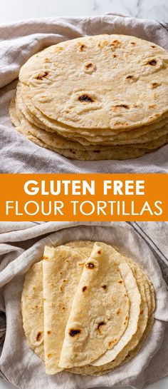 flour tortillas on a plate with text overlay that reads gluten free flour tortillas