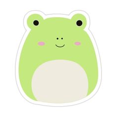 a green frog sticker with black eyes and a white belly on it's back