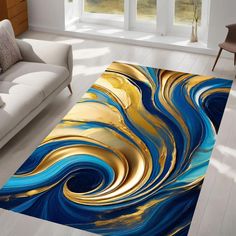 a living room area rug with blue, gold and white swirls