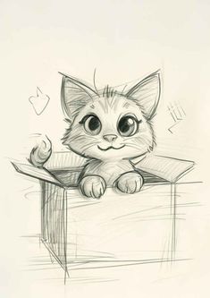 a pencil drawing of a cat sitting in a box with its paws on the edge