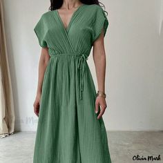 Olivia Mark - Pure Cotton Stylish Short-Sleeved Long Nightgown Loose-Fit Bodysuit Breathable Homewear Dress For Home, Sport Suit Women, Long Nightgown, Style Lounge, Summer Fashion Beach, Belt Design, Wear Green, Home Wear, Tie Sleeve