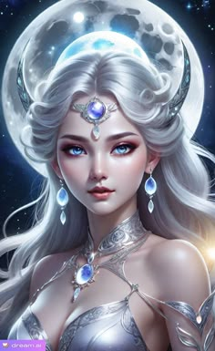 a woman with white hair and blue eyes in front of a full moon, wearing silver jewelry