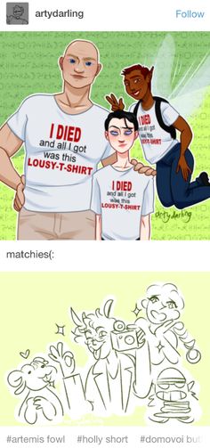 two cartoon characters, one with a balding head and the other wearing a t - shirt that says i died