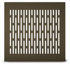 a square metal grate with holes in the center and white lines on it's sides