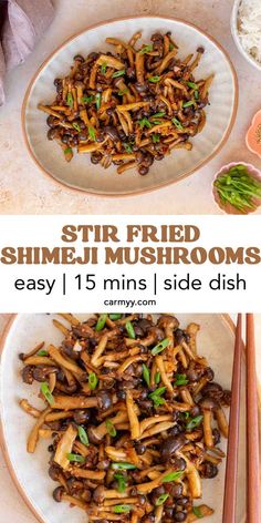 stir fried mushrooms are served on a plate with chopsticks