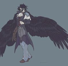 an anime character with large black wings on his shoulders and one arm outstretched, while the other