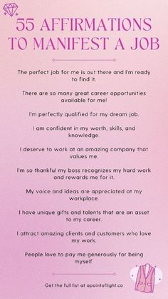 a pink poster with the words 55 affirmations to manfest a job