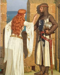 a painting of a man and woman dressed in medieval clothing standing next to each other