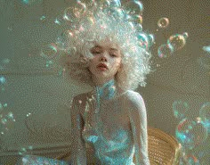 a woman with white hair sitting on a chair surrounded by bubbles