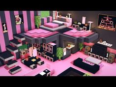 a pink and black room with lots of furniture