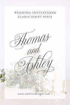 a wedding card with the words thomas and ashton written in cursive writing on it