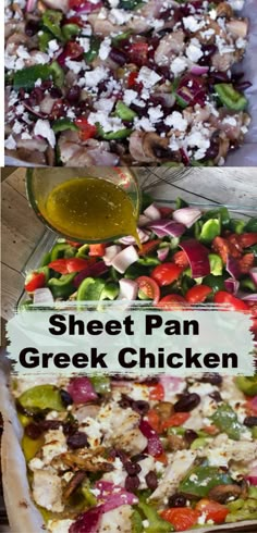 sheet pan greek chicken salad with feta cheese and olives in the bottom left side