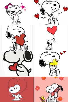 snoopy and his friends are all in the same drawing style, with hearts flying above them