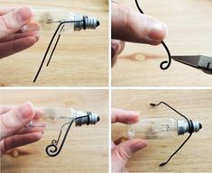 four pictures showing how to make a miniature bottle with a corkscrew in it