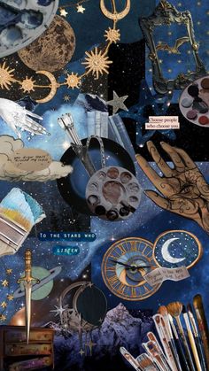 an artistic collage with many different items in the sky and stars above it, all on top of each other