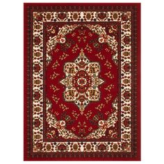 a red and white rug with an ornate design on the center, surrounded by flowers